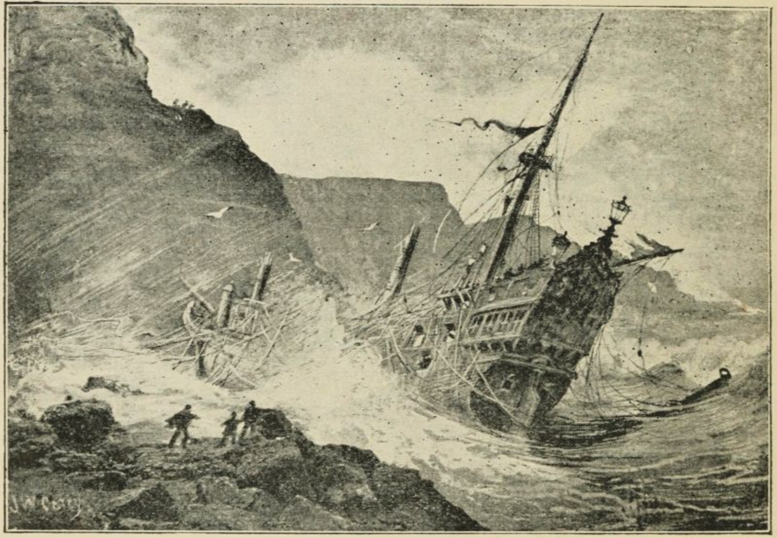 19th-century engraving depicts a Spanish Galleon shipwreck at Port-Na Spaniagh, 1588. Lacada Point and the Spanish Rocks are in the background