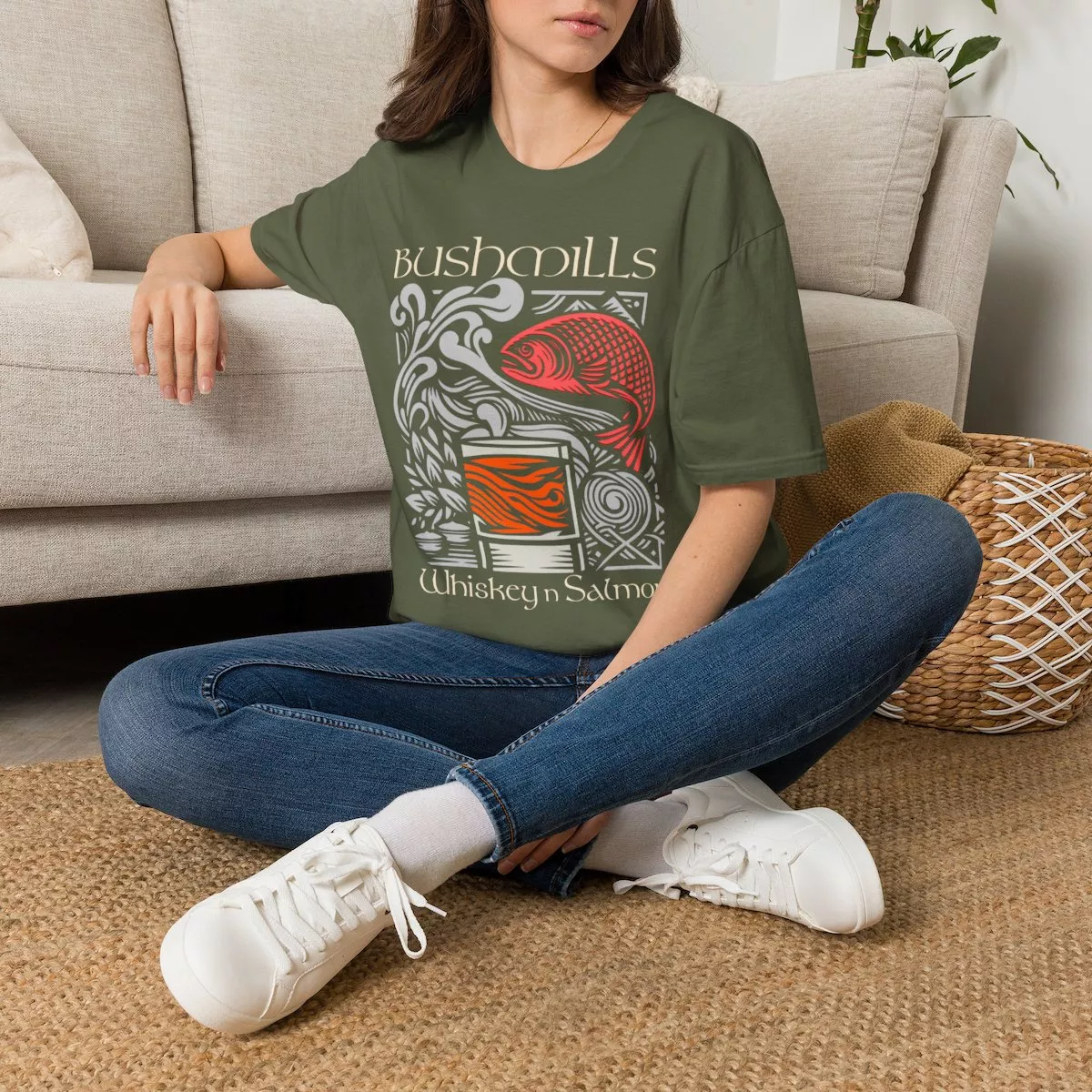 Bushmills Whiskey Salmon T-Shirt | Fish Glass Tumbler Celtic Design