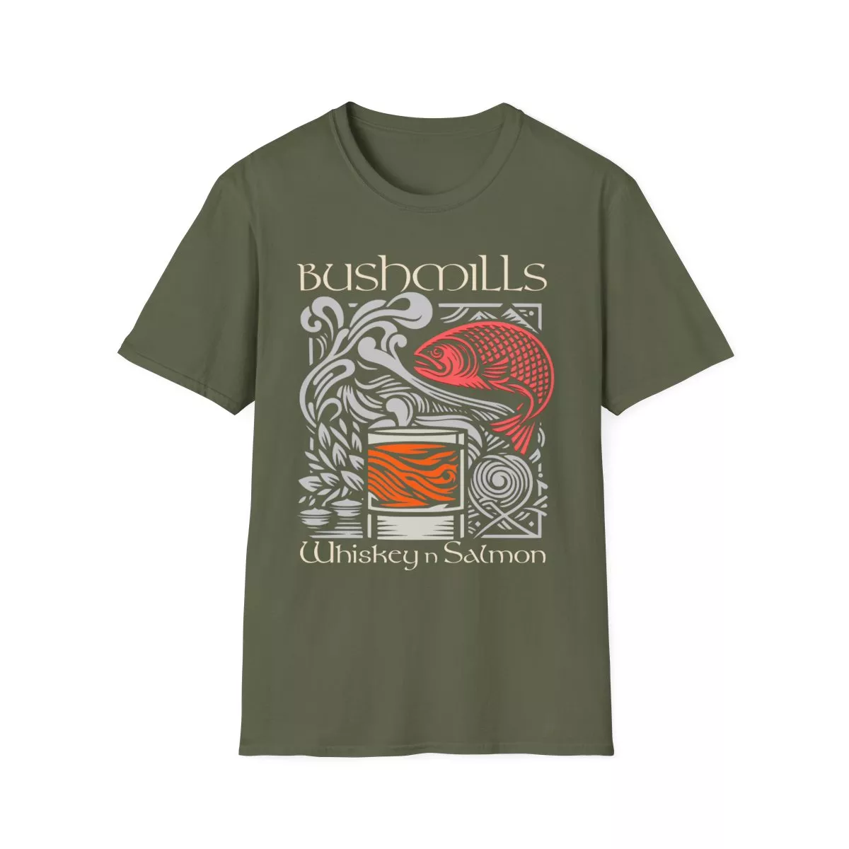 Bushmills Whiskey Salmon T-Shirt | Fish Glass Tumbler Celtic Design