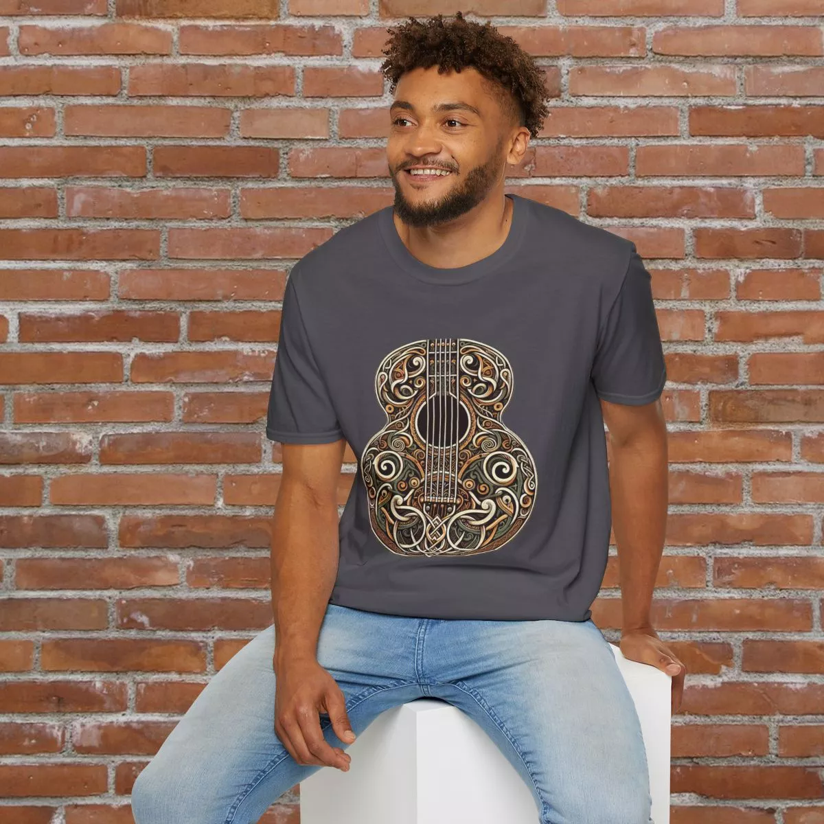 Ornate Acoustic Guitar Illustration T-Shirt | Vintage Floral Guitar Art