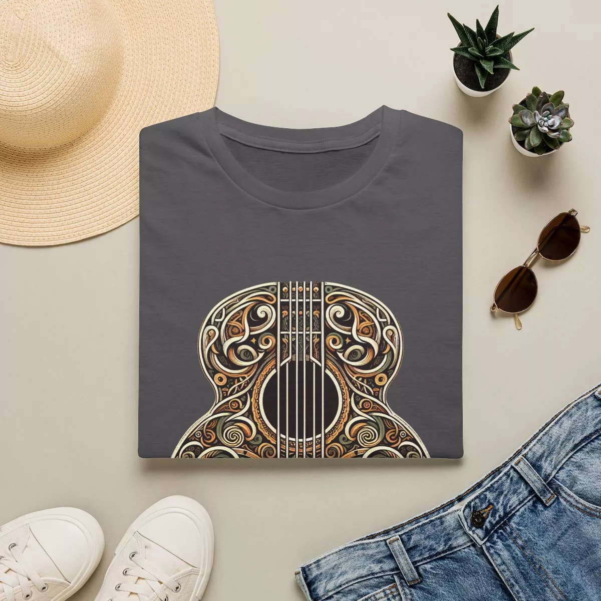 Ornate Acoustic Guitar Illustration T-Shirt | Vintage Floral Guitar Art