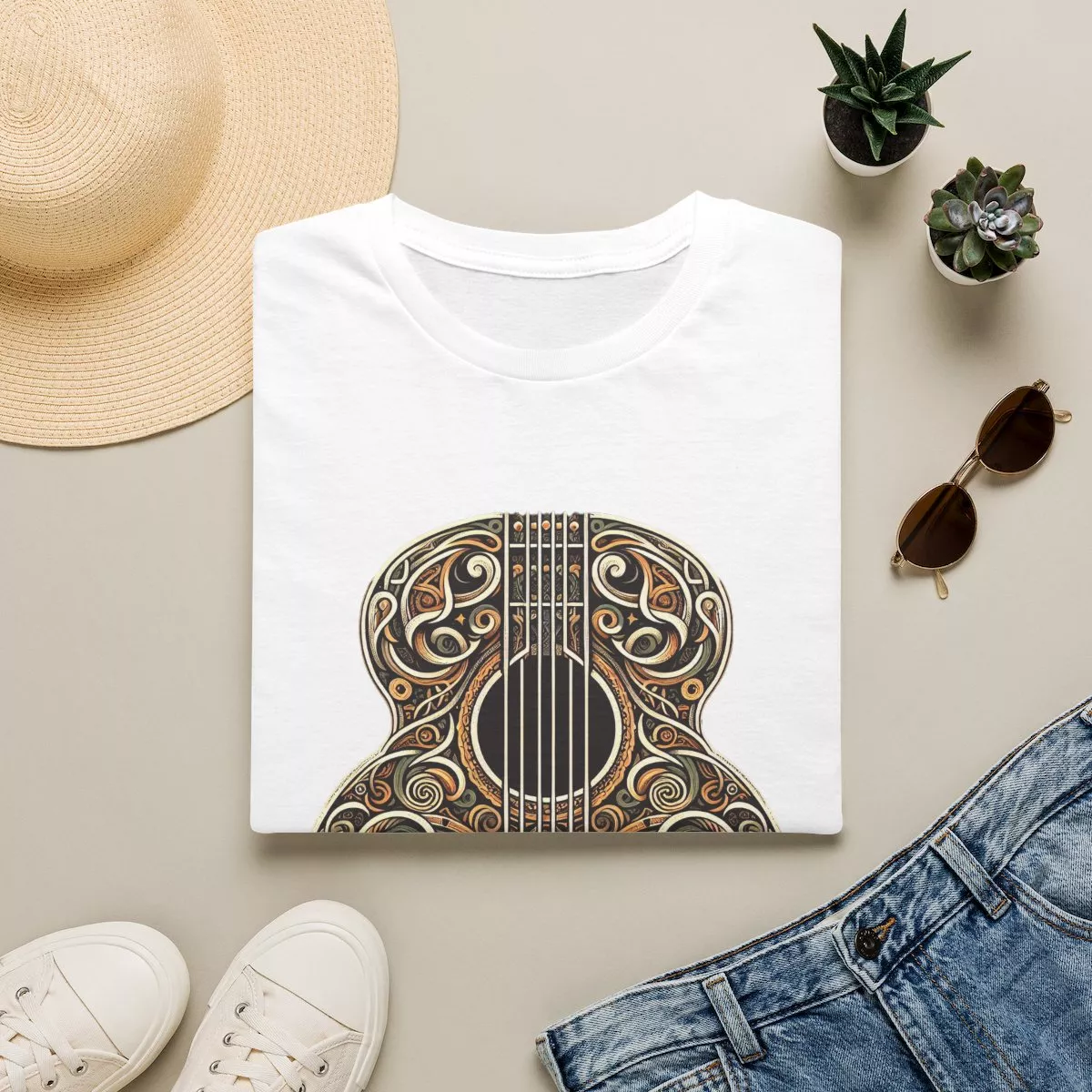 Ornate Acoustic Guitar Illustration T-Shirt | Vintage Floral Guitar Art