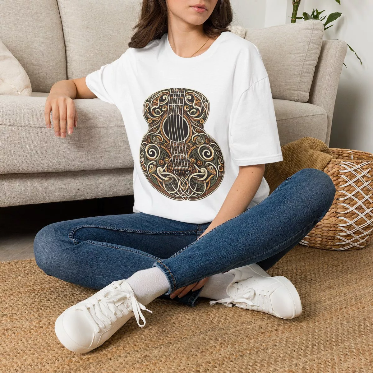 Ornate Acoustic Guitar Illustration T-Shirt | Vintage Floral Guitar Art