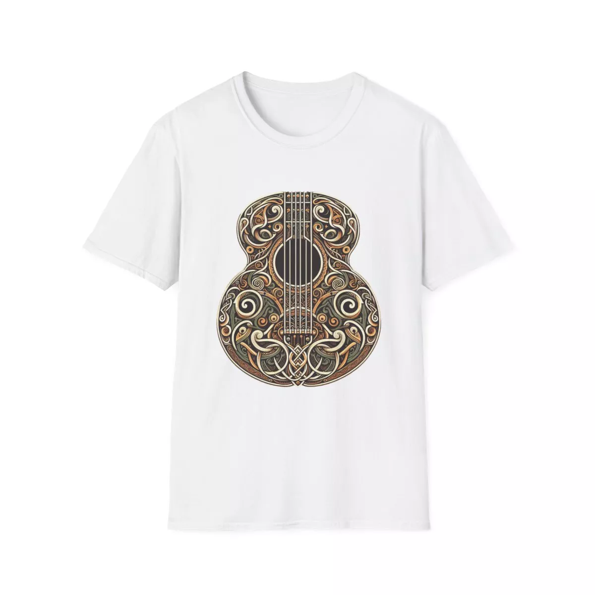 Ornate Acoustic Guitar Illustration T-Shirt | Vintage Floral Guitar Art