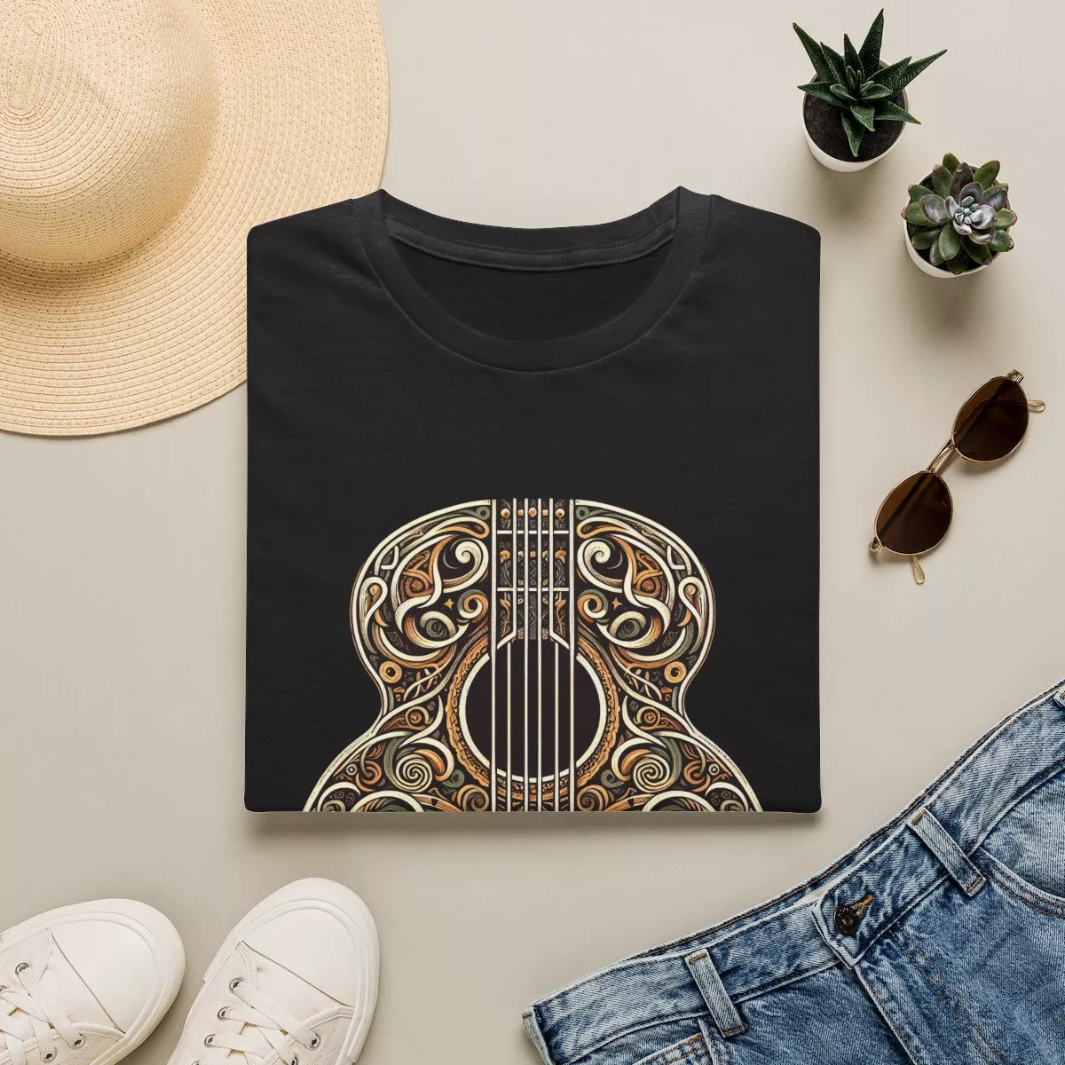 Ornate Acoustic Guitar Illustration T-Shirt | Vintage Floral Guitar Art