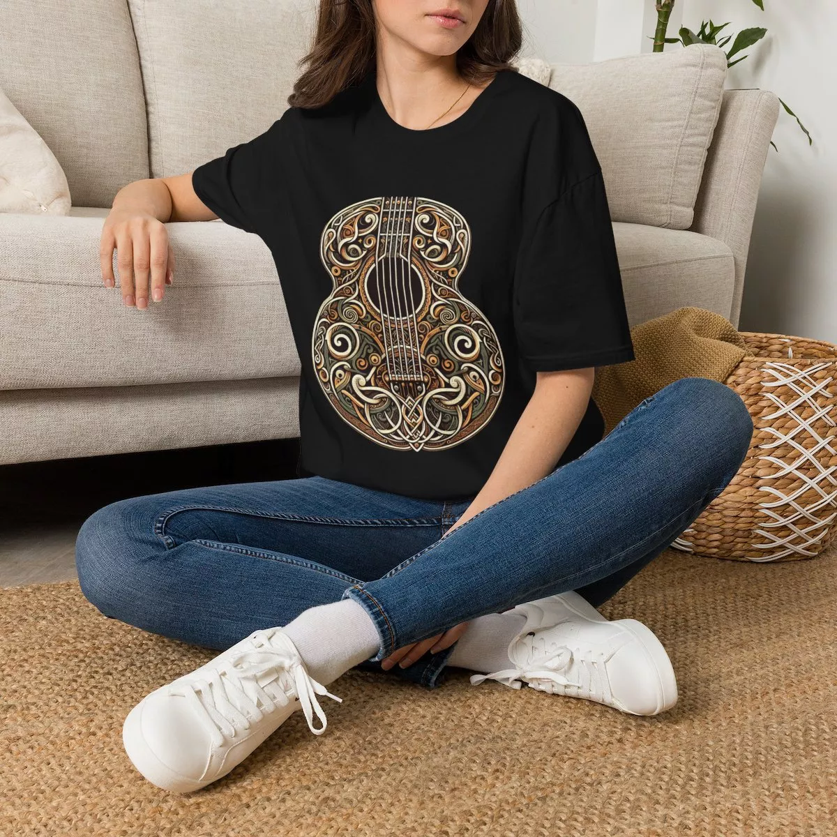 Ornate Acoustic Guitar Illustration T-Shirt | Vintage Floral Guitar Art