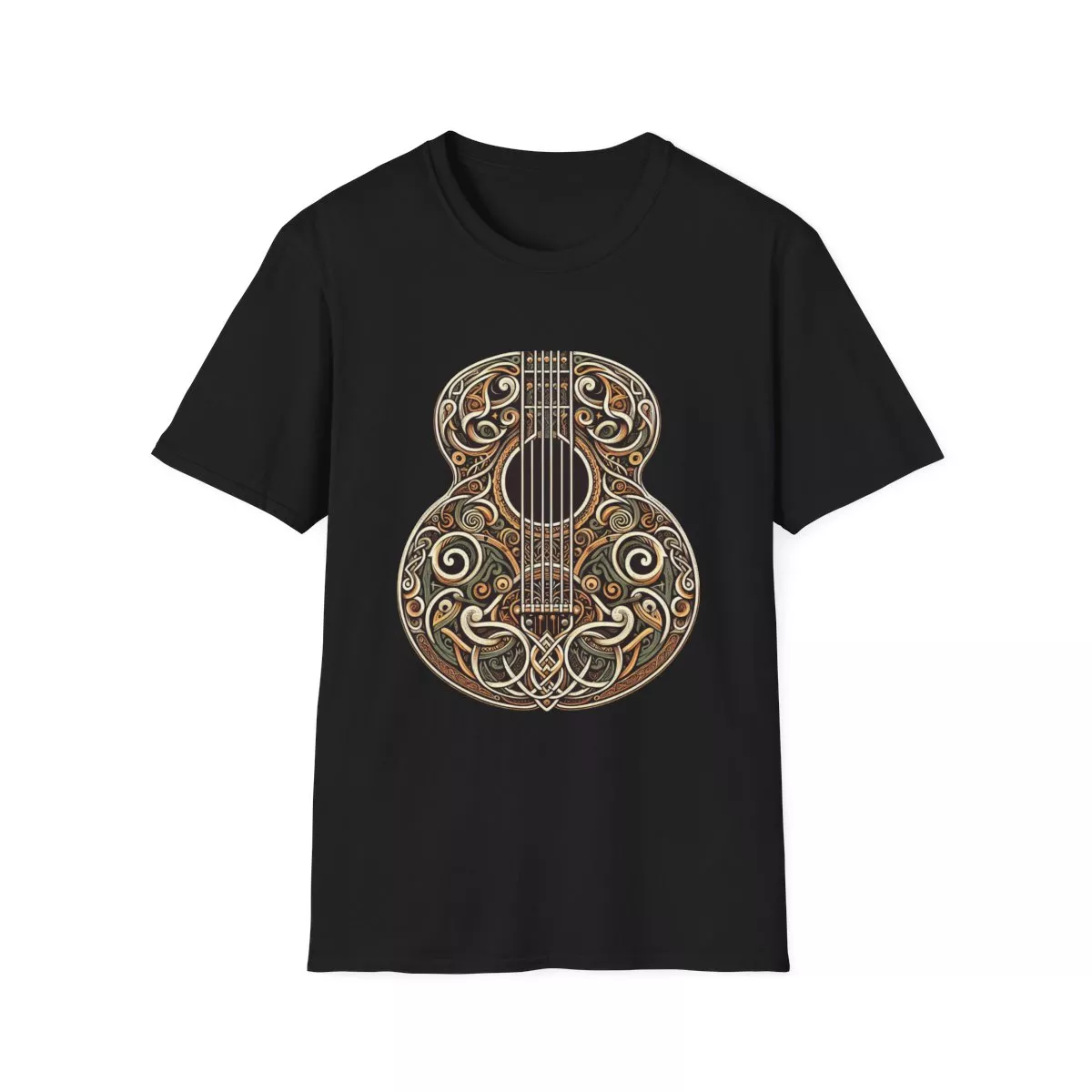 Ornate Acoustic Guitar Illustration T-Shirt | Vintage Floral Guitar Art