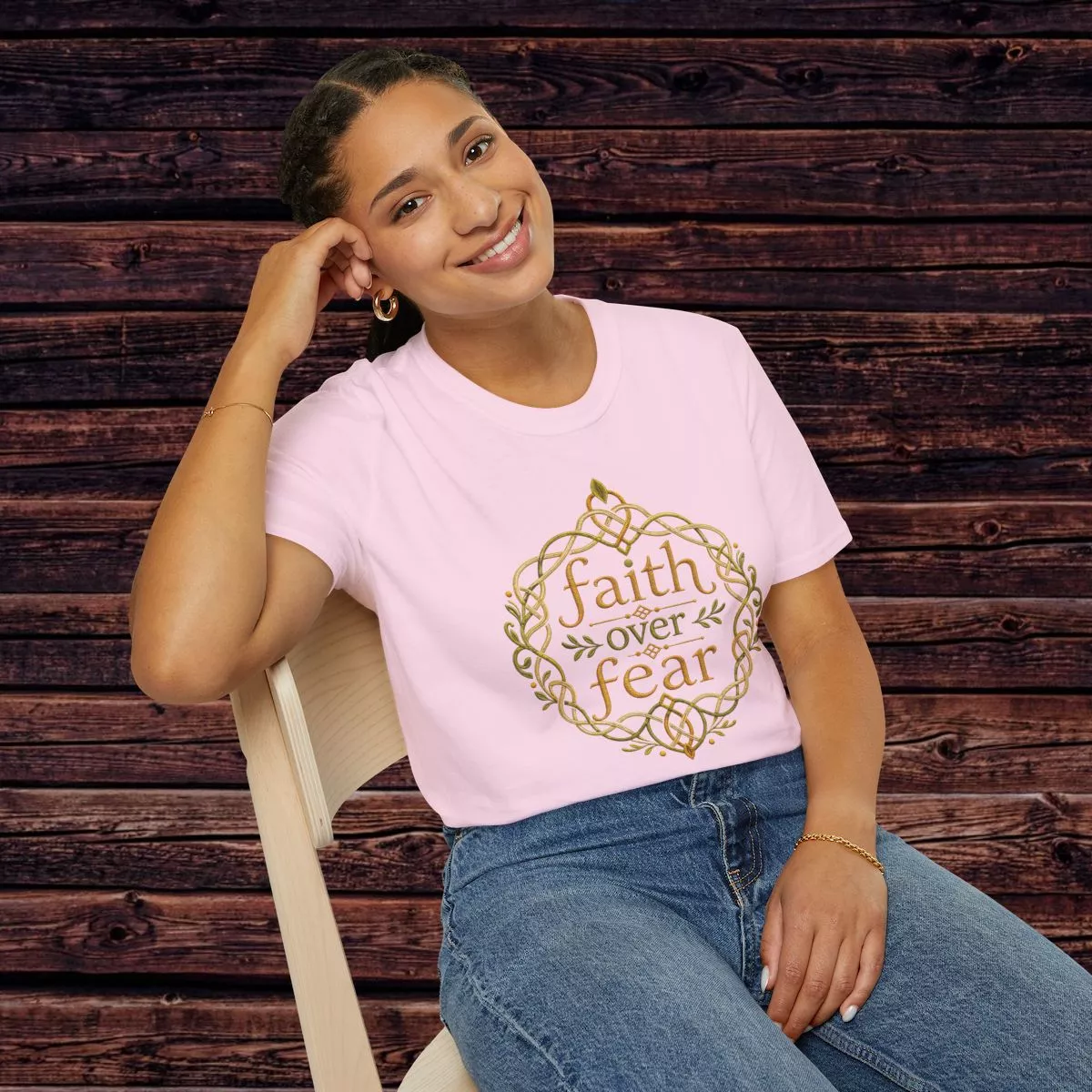 Faith Over Fear tee | Inspirational Christian shirt, embroidered-look print