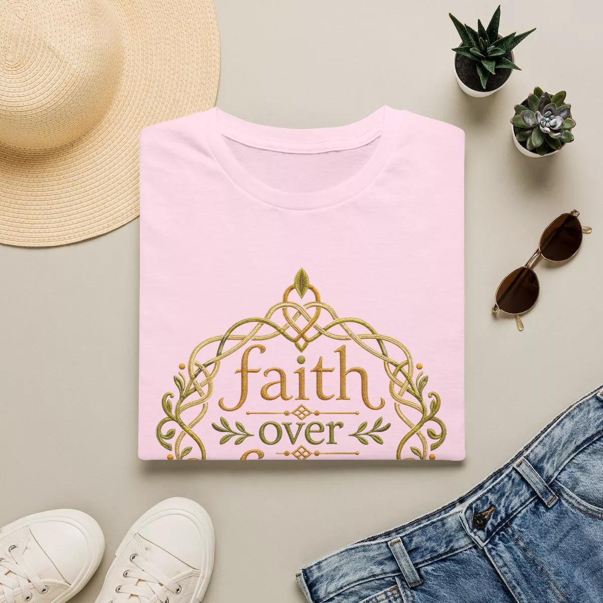 Faith Over Fear tee | Inspirational Christian shirt, embroidered-look print