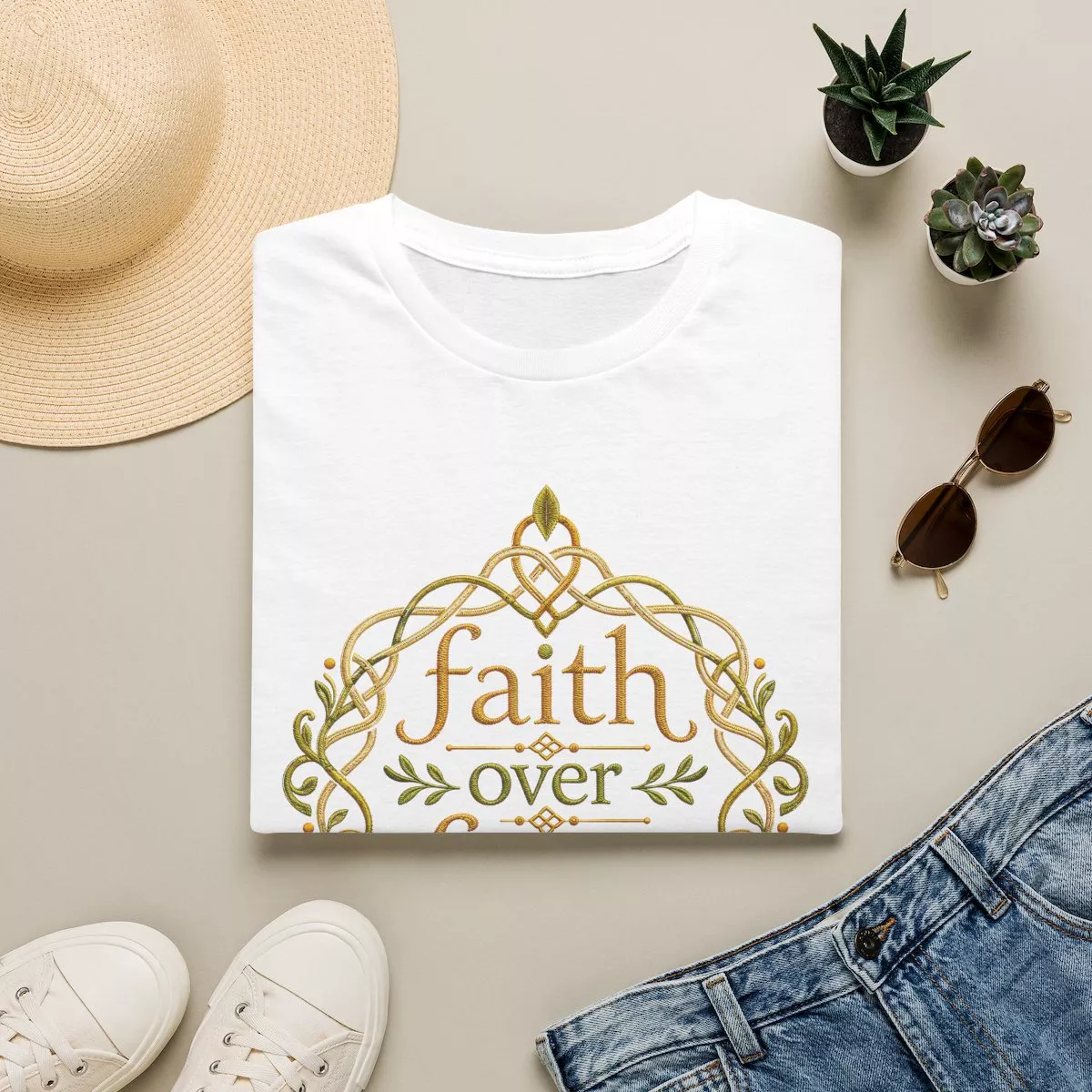 Faith Over Fear tee | Inspirational Christian shirt, embroidered-look print