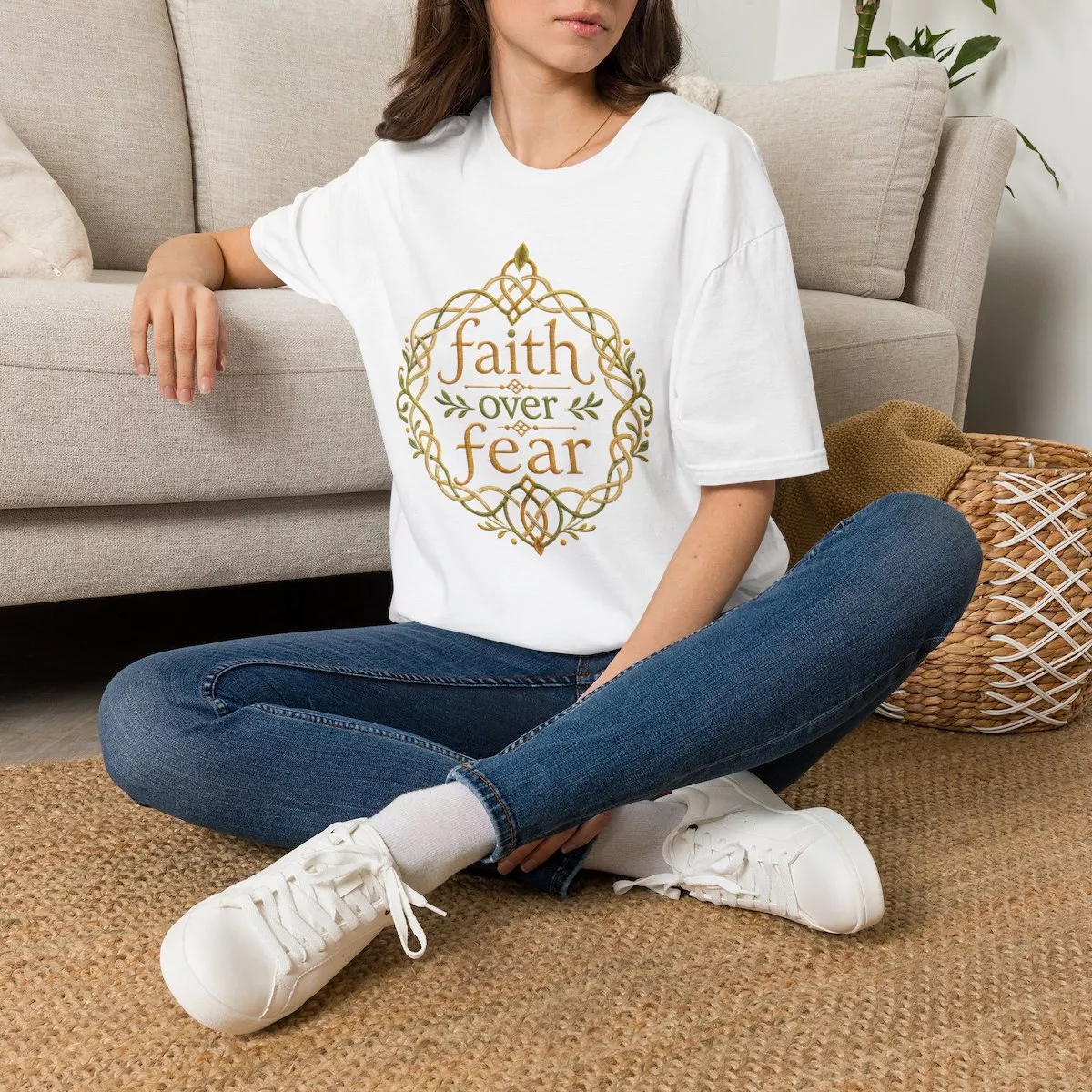 Faith Over Fear tee | Inspirational Christian shirt, embroidered-look print