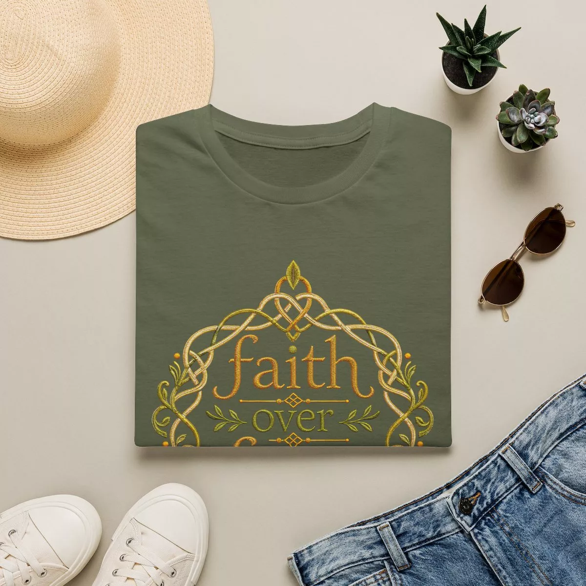 Faith Over Fear tee | Inspirational Christian shirt, embroidered-look print
