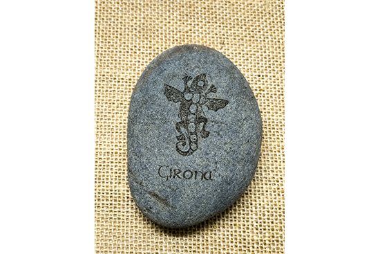 Engraved salamander brooch image on basalt pebble