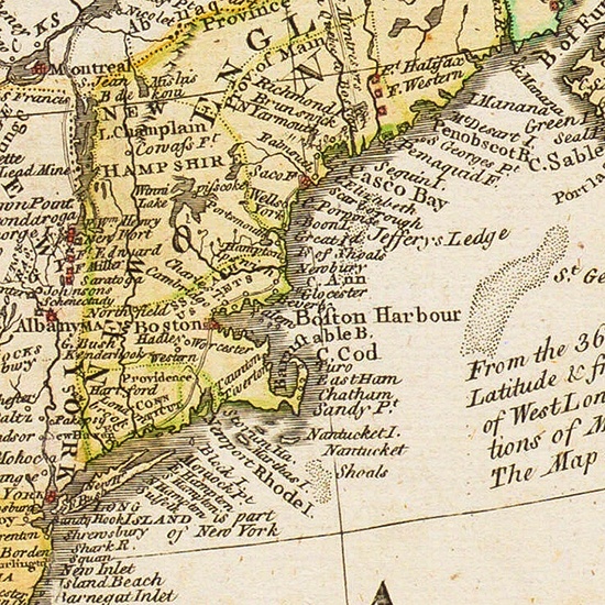 1762 General Map of North America by Jean Rocque, New York and Boston enlarged