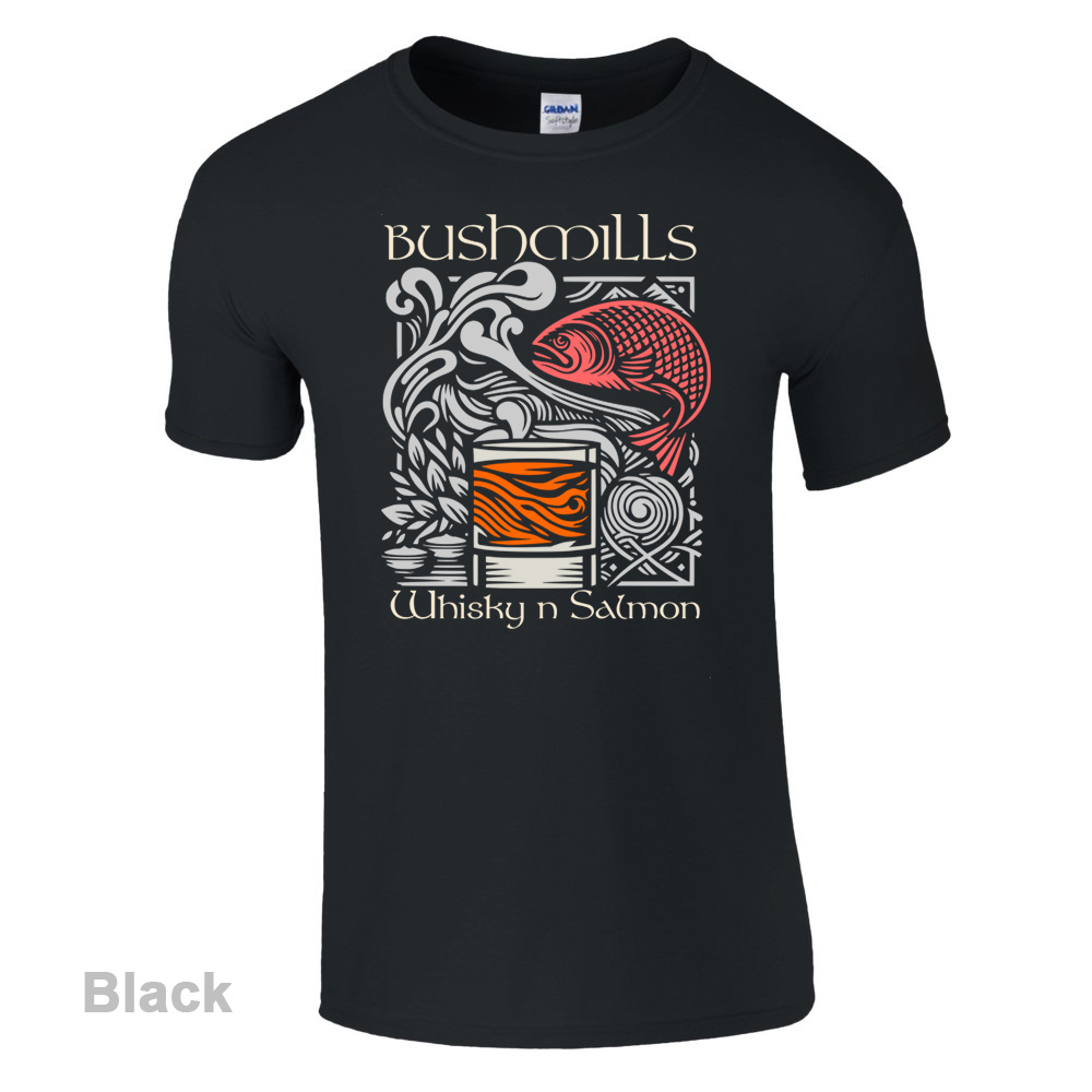 Black Bushmills Whiskey and Salmon  T-Shirt - Bushmills Collection