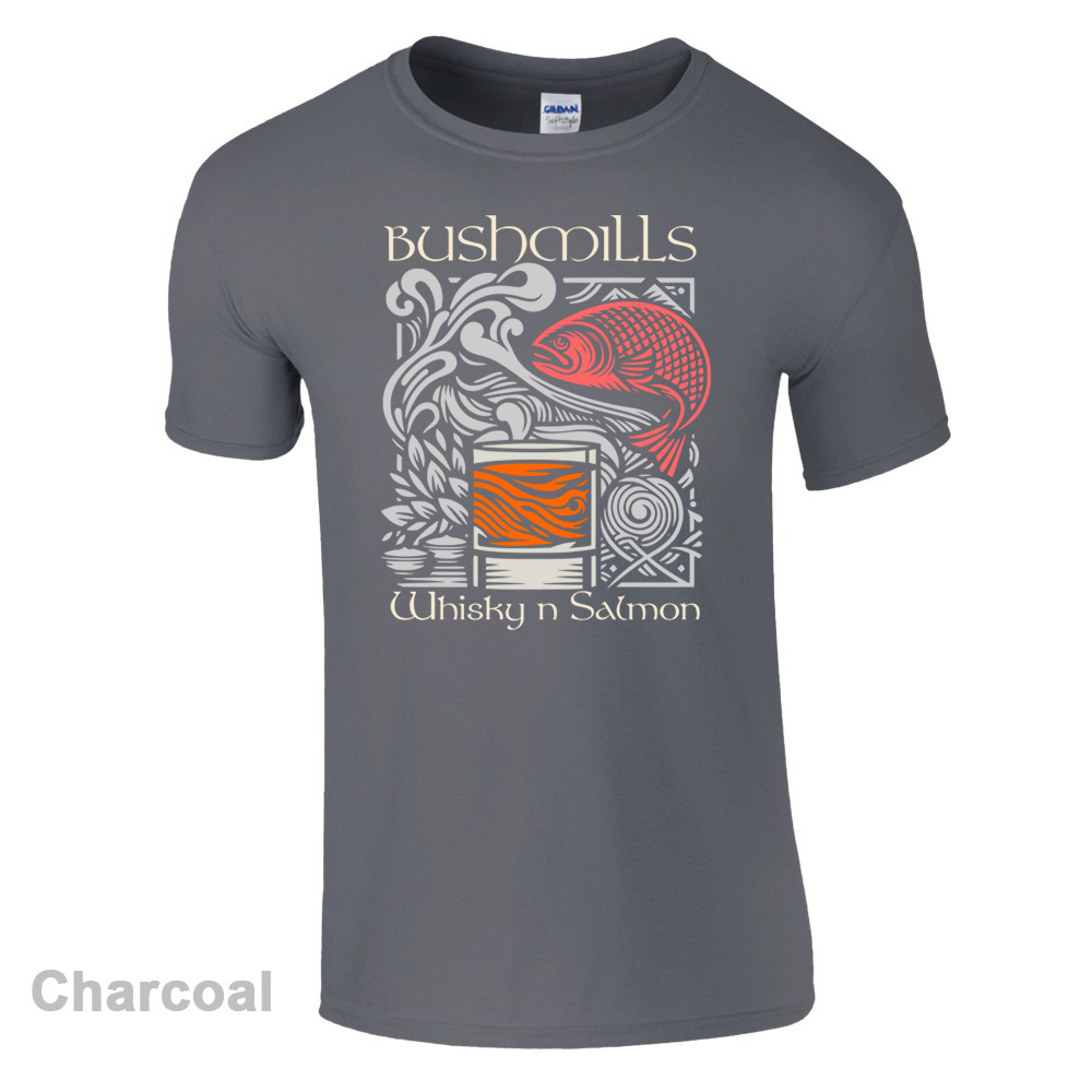 Charcoal Bushmills Whiskey and Salmon  T-Shirt - Bushmills Collection