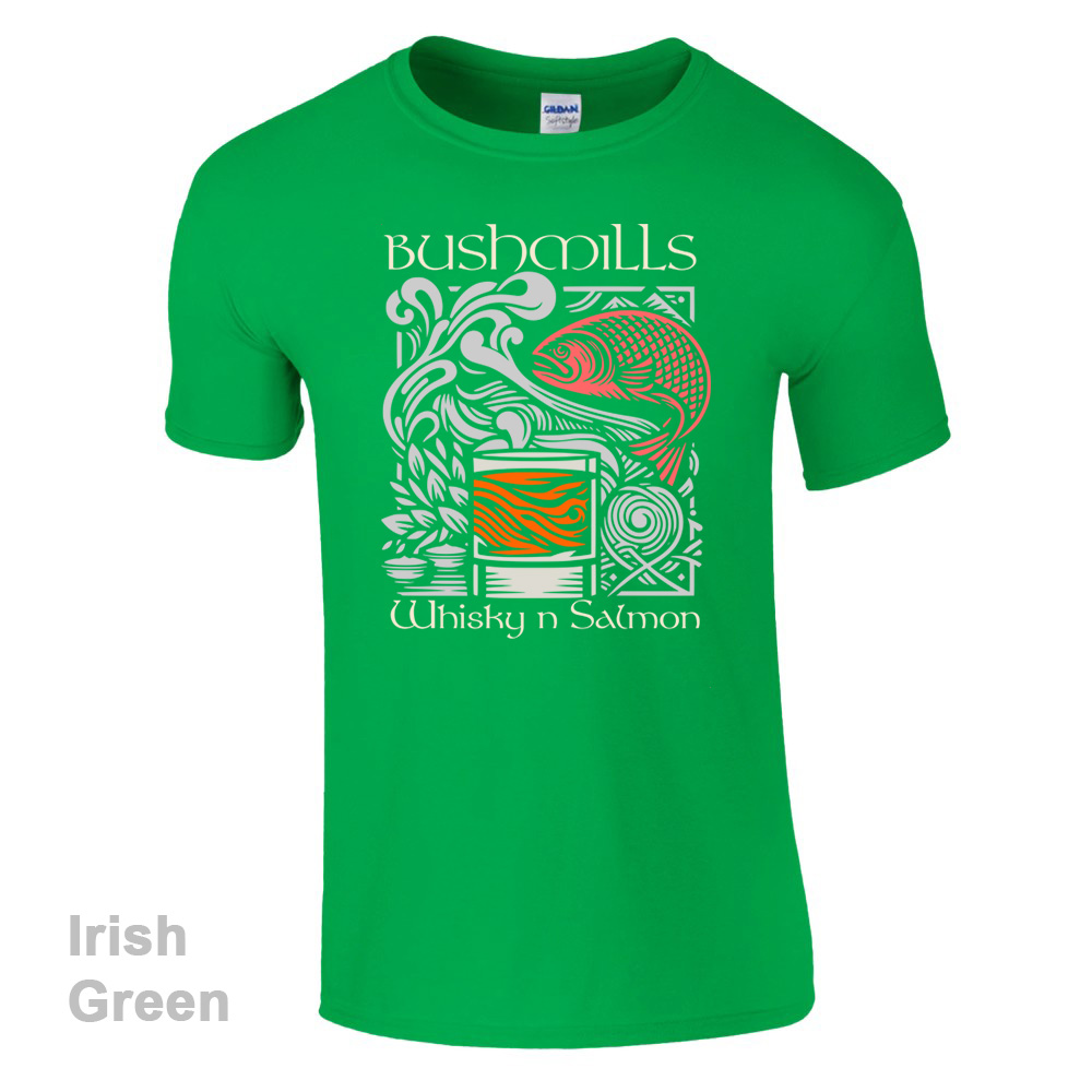 Irish Green Bushmills Whiskey and Salmon  T-Shirt - Bushmills Collection