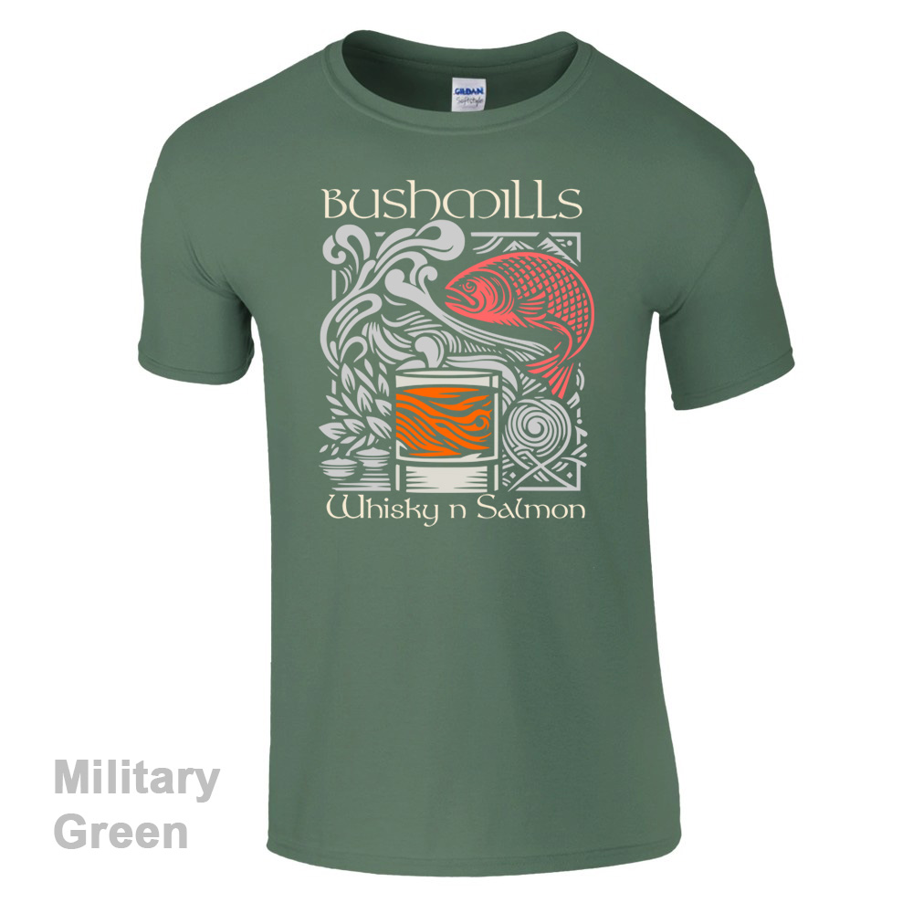 Military Green Bushmills Whiskey and Salmon T-Shirt - Bushmills Collection