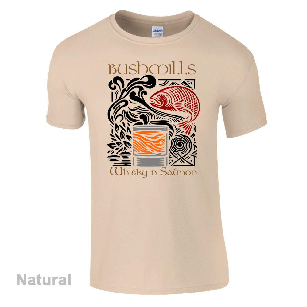 Natural Bushmills Whiskey and Salmon  T-Shirt - Bushmills Collection