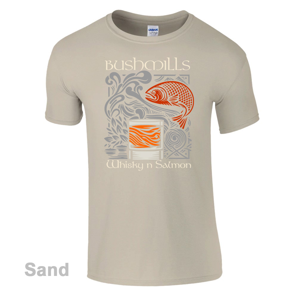 Sand Bushmills Whiskey and Salmon  T-Shirt - Bushmills Collection