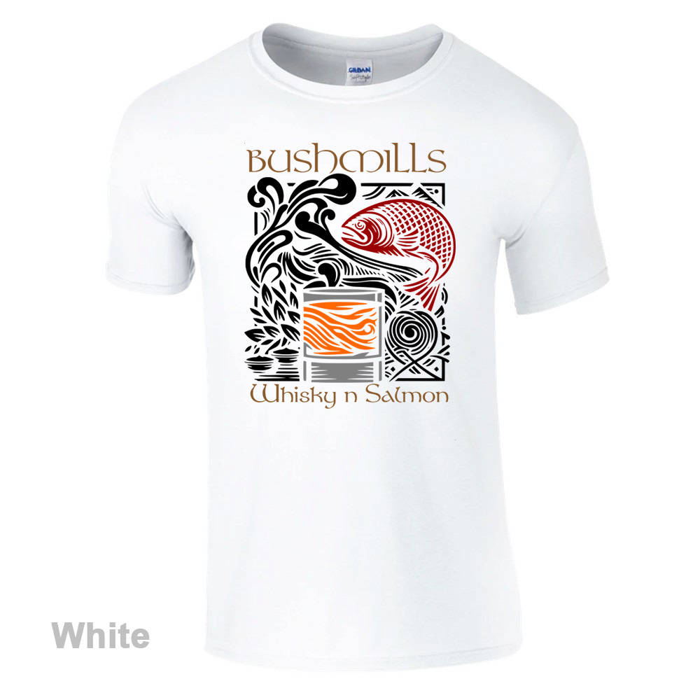 White Bushmills Whiskey and Salmon  T-Shirt - Bushmills Collection